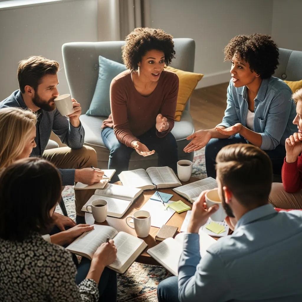 A diverse group of people sits in a circle in a cozy room, engaged in lively discussion with notebooks, coffee mugs, and papers on the table, suggesting a collaborative meeting or study session.