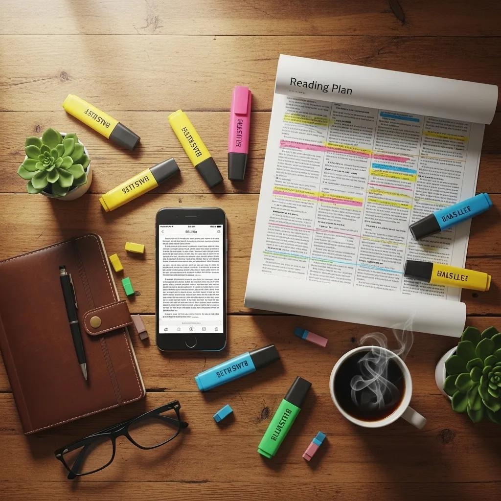 A reading plan with colorful highlights sits on a wooden desk surrounded by highlighters, a smartphone displaying text, a notebook with a pen, eyeglasses, a cup of coffee, chalk pieces, and two small potted plants.