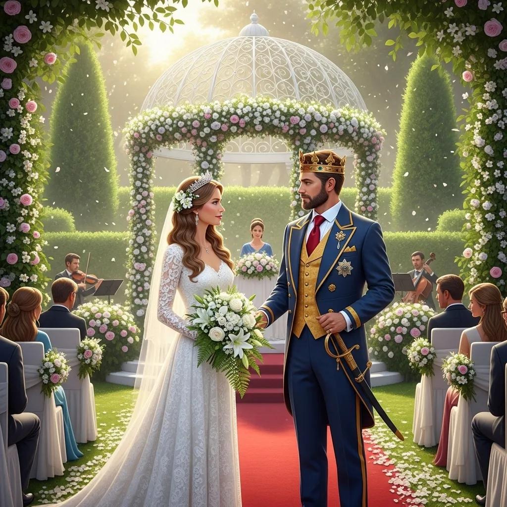 A bride and groom dressed in royal attire stand holding hands at an outdoor wedding ceremony, surrounded by guests, lush greenery, and a gazebo decorated with flowers under glowing sunlight.
