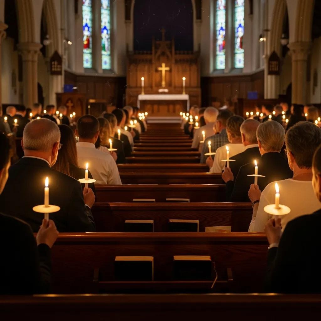 People sit in pews inside a church, each holding a lit candle during a service. Stained glass windows and a large cross adorn the altar at the front. The atmosphere is solemn and reverent.