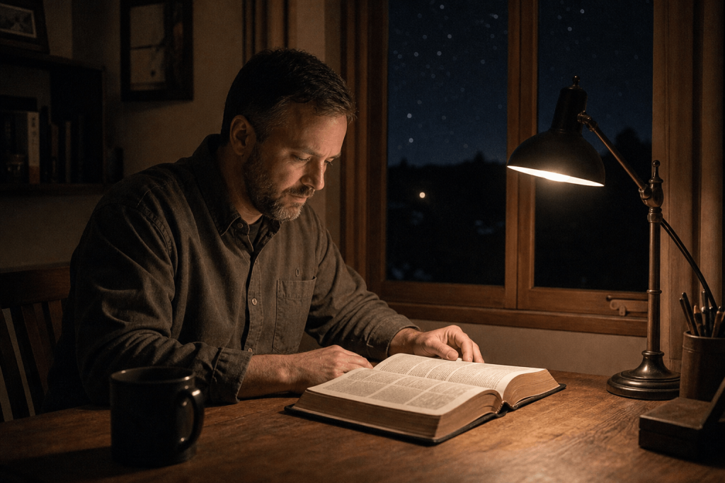A man sits at a wooden desk reading a book under the warm light of a desk lamp, with a window showing a starry night sky in the background. A mug and writing materials are on the desk.