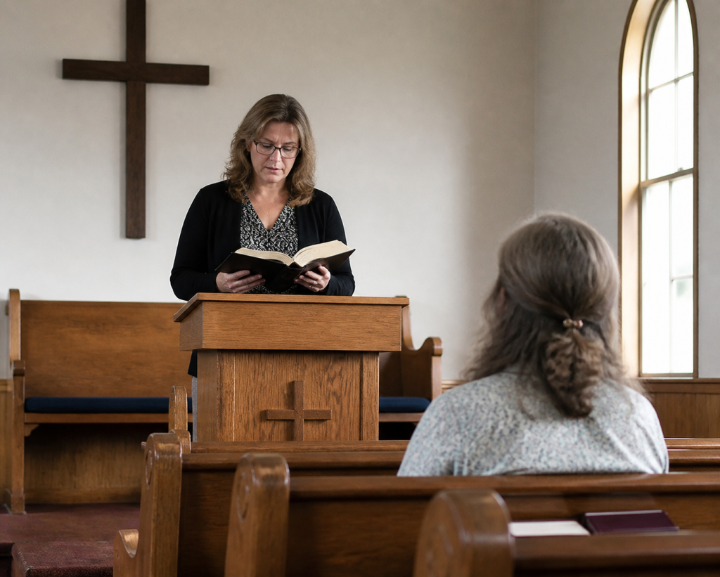 A woman stands at a wooden pulpit reading from a book in a church, while another person sits in a pew listening. There is a large cross on the wall and sunlight streams through an arched window.