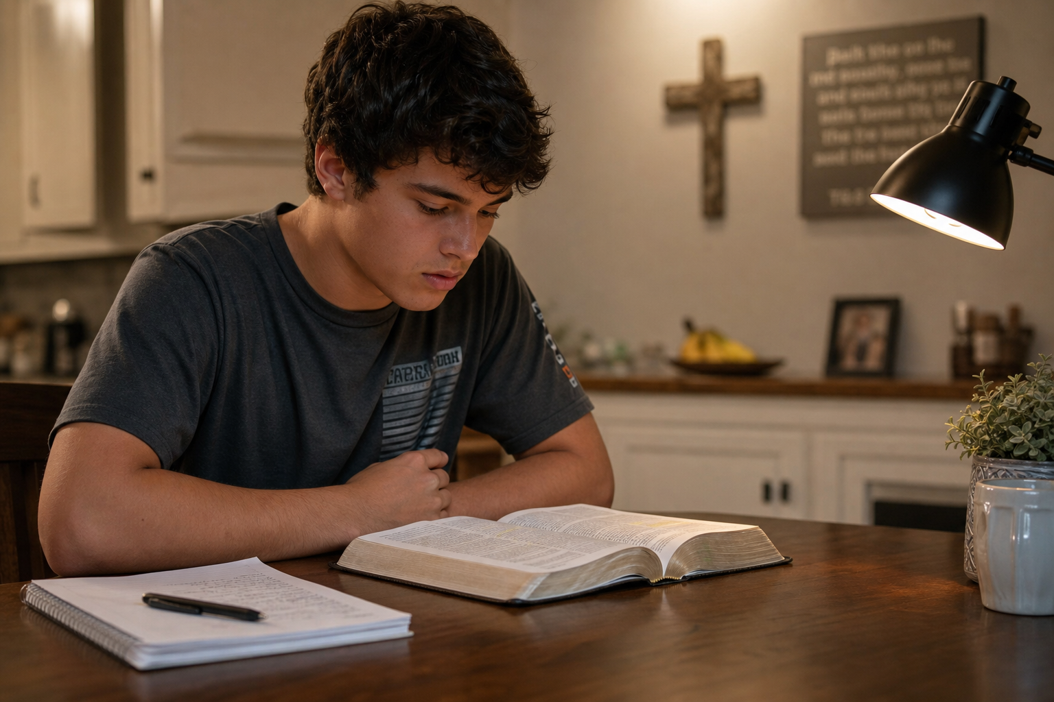 A young man sits at a table reading an open book, with a notebook and pen beside him. He is in a cozy, well-lit room with a cross and inspirational sign on the wall in the background.