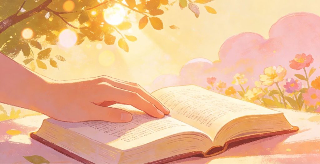 A hand gently rests on an open book outdoors, with warm sunlight streaming through tree branches and colorful flowers blooming in the background, creating a peaceful, dreamy atmosphere.