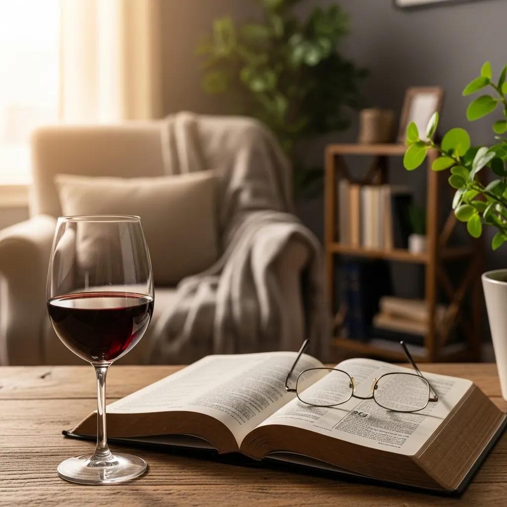 A glass of red wine, an open book with reading glasses on top, and a potted plant sit on a wooden table in a cozy living room with an armchair, blanket, and bookshelf in the background.