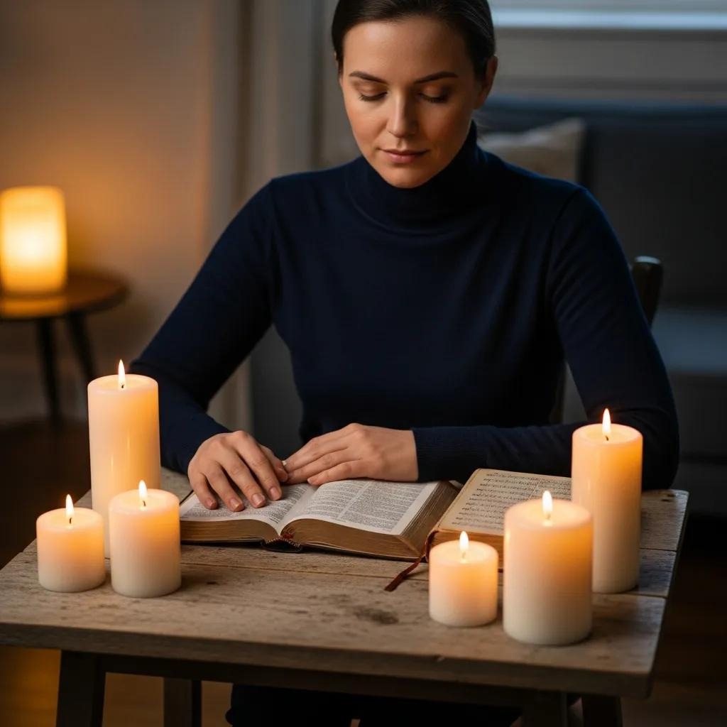 A woman in a dark turtleneck reads a book at a wooden table, surrounded by several lit candles, creating a warm and cozy atmosphere in a softly lit room.
