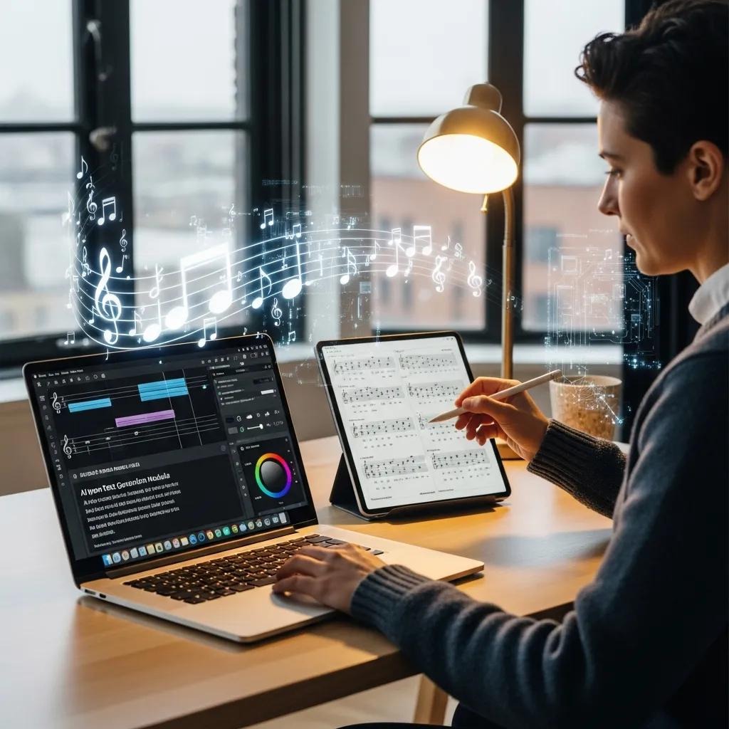 A person works at a desk with a laptop and tablet displaying music composition software and sheet music, surrounded by floating musical notes and symbols, suggesting digital music creation.