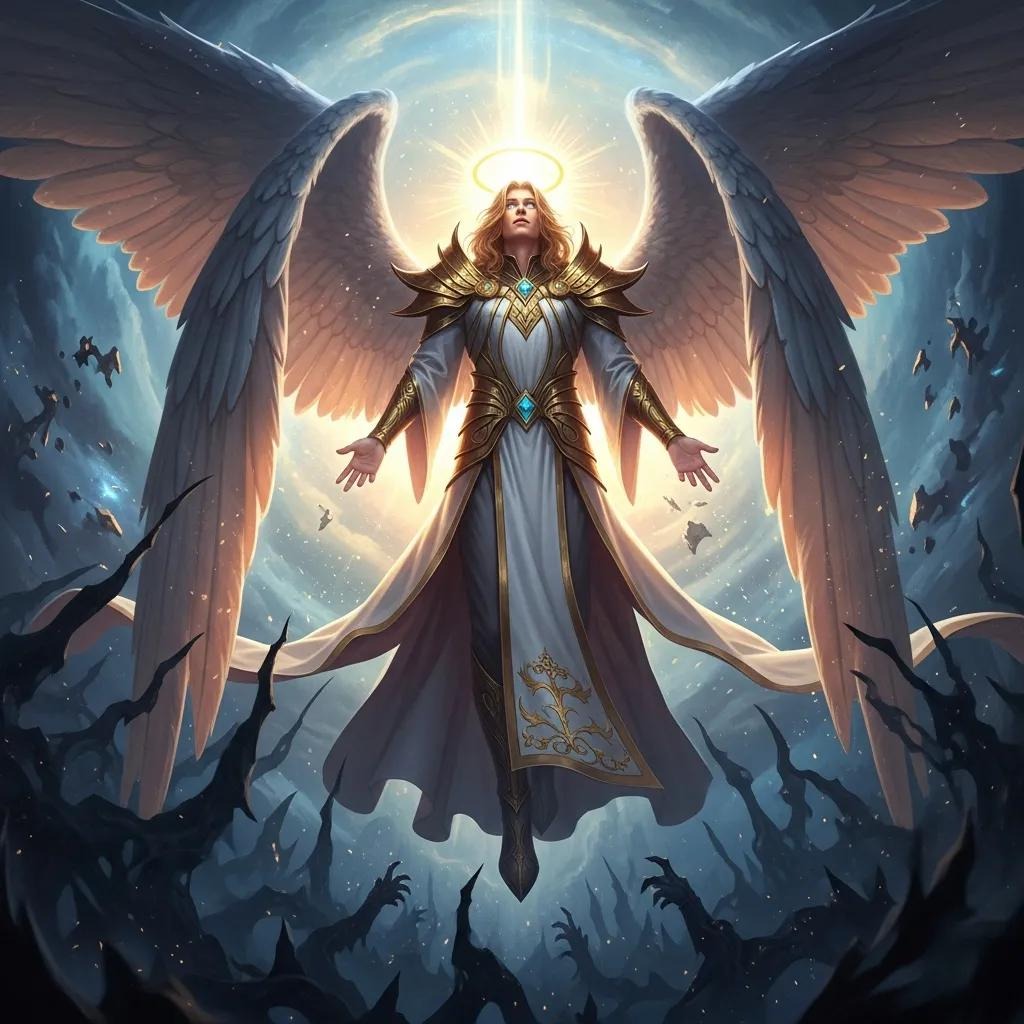 A majestic angel with large wings and glowing armor floats in a cosmic sky, radiating light from a halo above their head, surrounded by swirling clouds and shadowy figures below.