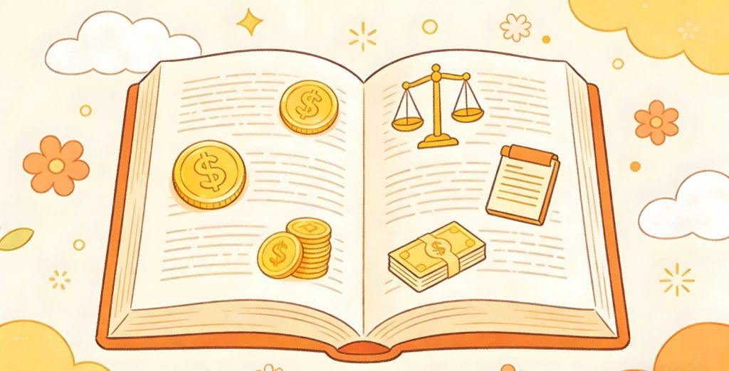 An open book with illustrations of gold coins, cash, a notepad, and a balance scale, surrounded by flowers, clouds, and stars on a light background.