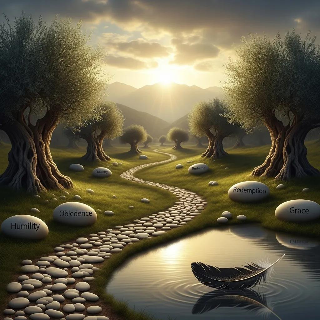 A winding stone path leads through an olive grove at sunrise, with large stones labeled Humility, Obedience, Redemption, and Grace. A feather floats on a pond near the path, and mountains appear in the background.