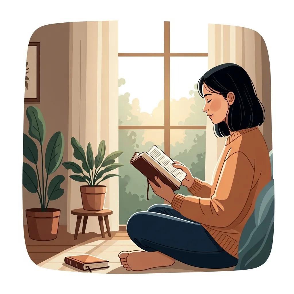 A woman with dark hair sits cross-legged on the floor by a window, reading a book. She wears a cozy sweater, with plants and another book nearby, in a sunlit, peaceful room.