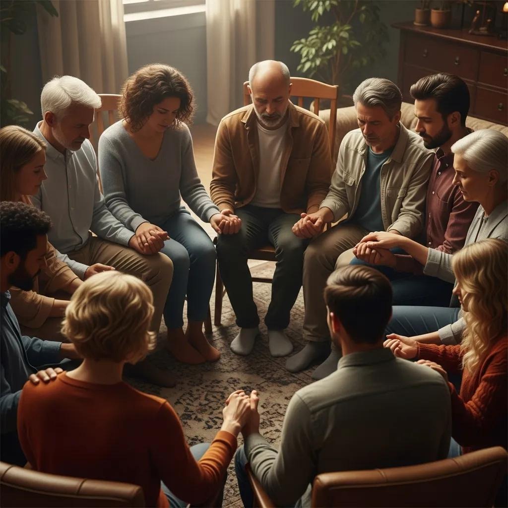 Group of diverse individuals in a supportive circle, illustrating the role of faith in overcoming depression A diverse group of people of various ages sit in a circle indoors, holding hands and bowing their heads in a moment of unity or prayer, with warm, natural light filling the room.