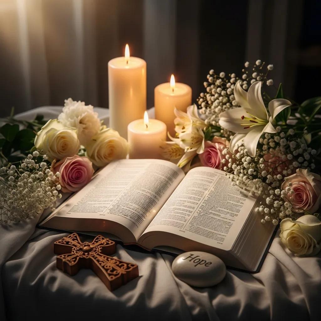 Open Bible with highlighted verses surrounded by calming elements, representing encouragement and hope An open Bible lies on a cloth, surrounded by lit candles, white lilies, roses, babys breath flowers, a wooden cross, and a stone inscribed with Hope, creating a serene and peaceful atmosphere.