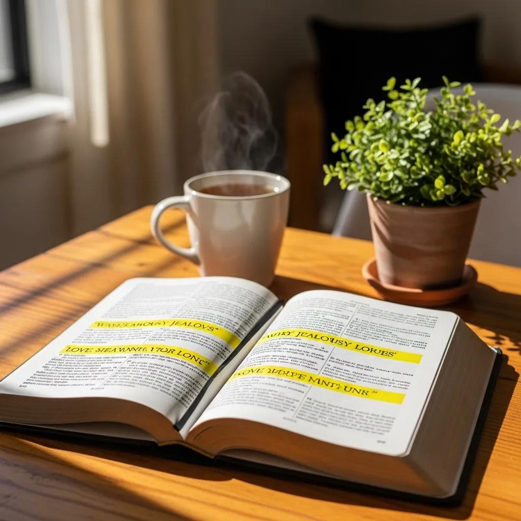 An open book with highlighted text lies on a wooden table next to a steaming mug and a potted plant, with sunlight streaming in from a nearby window.