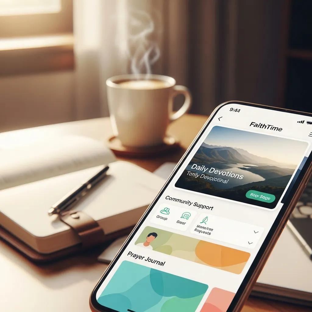 A smartphone displaying a faith-based app with devotional and community features is held over a desk with a notebook, pen, and steaming coffee cup by a window, creating a peaceful study setting.