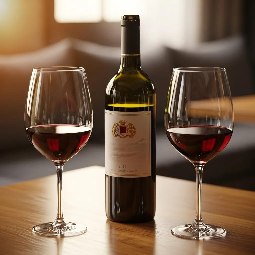 A bottle of red wine and two filled wine glasses are placed on a wooden table in a softly lit, cozy room with blurred couches in the background.