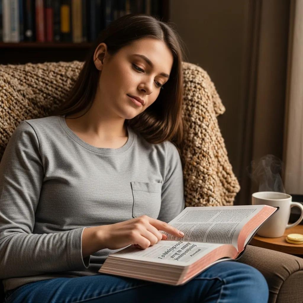 A young woman sits comfortably in a chair with a knitted blanket, reading a book. She points to a page, and a cup of hot beverage on a saucer sits beside her, with bookshelves in the background.