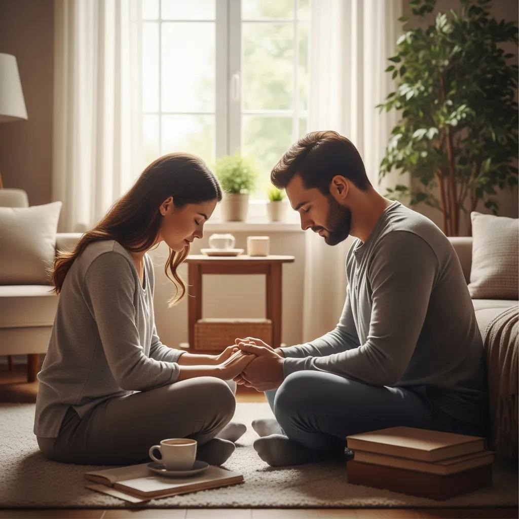 A couple sits cross-legged on a rug in a cozy living room, holding hands and looking down, appearing thoughtful and connected. Sunlight streams through a window behind them, and coffee cups and books are nearby.