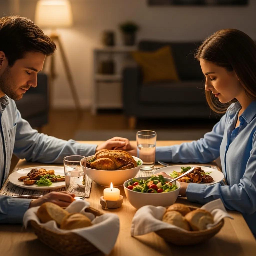 A man and woman sit at a dinner table, holding hands and bowing their heads in prayer. The table is set with roasted chicken, salad, bread, and lit candles, creating a warm, cozy atmosphere.
