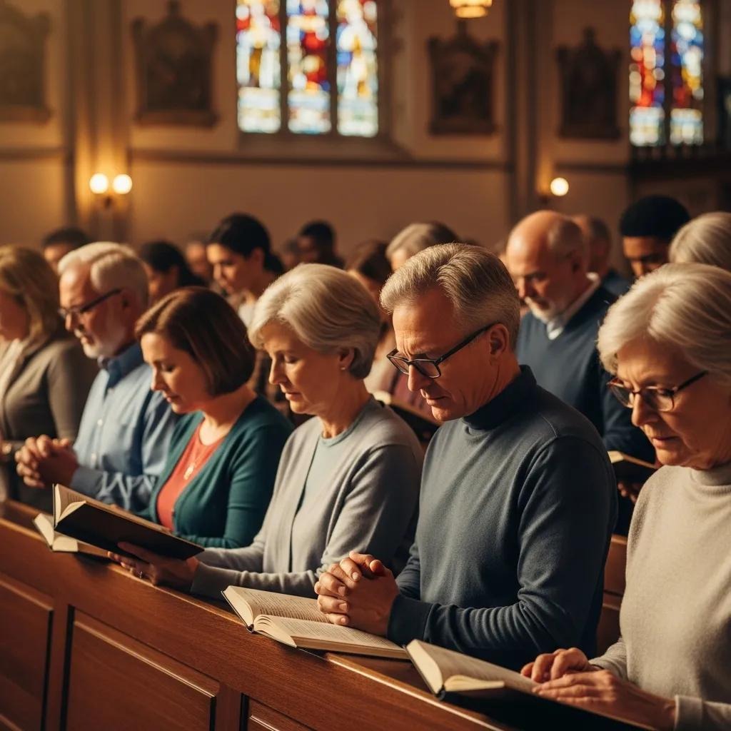 A group of elderly people sit closely together in church pews, heads bowed and hands clasped in prayer. Soft light streams through stained glass windows, creating a peaceful, reverent atmosphere.
