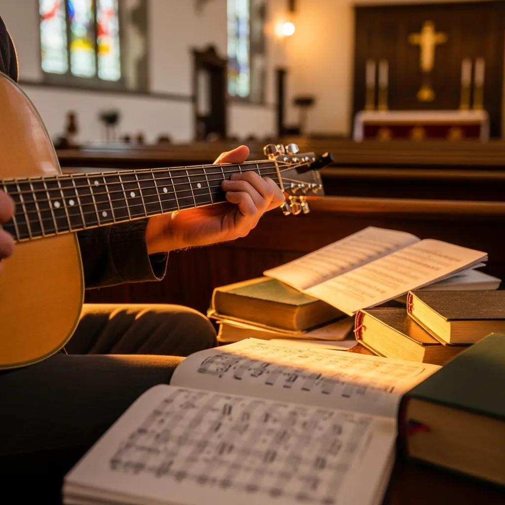 A person playing an acoustic guitar in a church pew, surrounded by hymnals and open sheet music, with soft sunlight filtering through stained glass windows in the background.