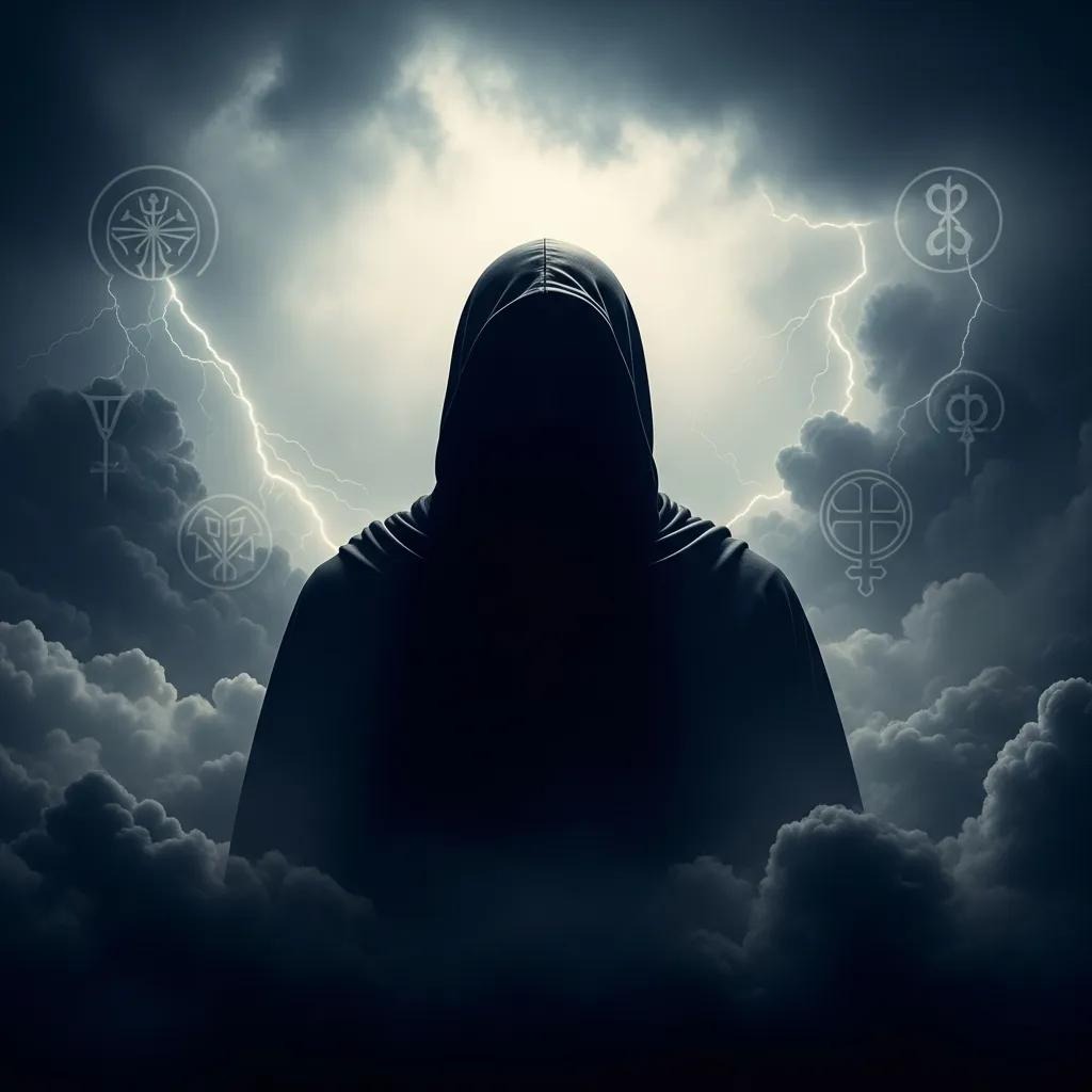 A hooded, shadowy figure stands among dark clouds with lightning in the background; mysterious symbols float around them, creating an ominous and mystical atmosphere.