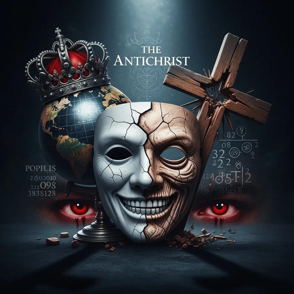 A cracked mask with split happy and sinister faces sits before a globe crowned with thorns and a tilted wooden cross. Red eyes and mathematical symbols appear in the background, with The Antichrist text above.