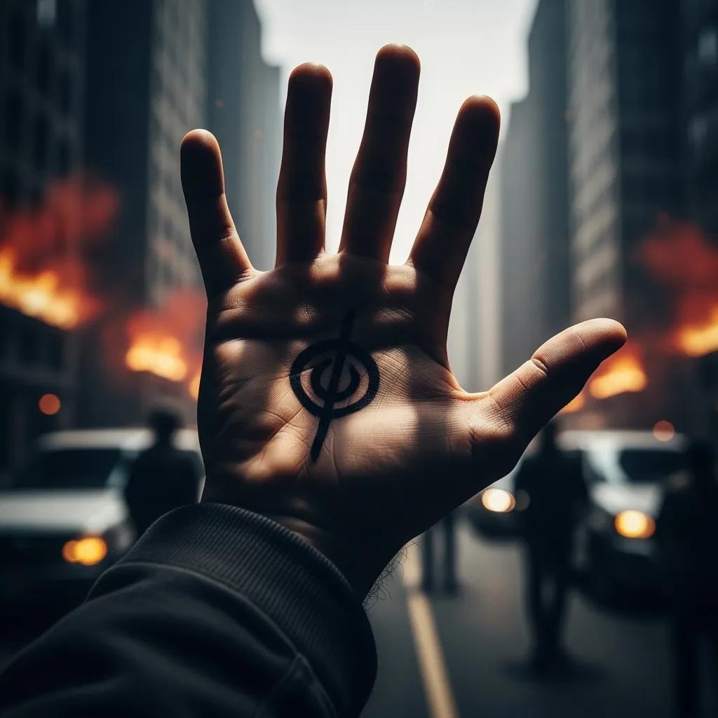 A hand with a bold black circular symbol on the palm is held up in the foreground of a city street with burning buildings and cars, creating a tense and dramatic atmosphere.