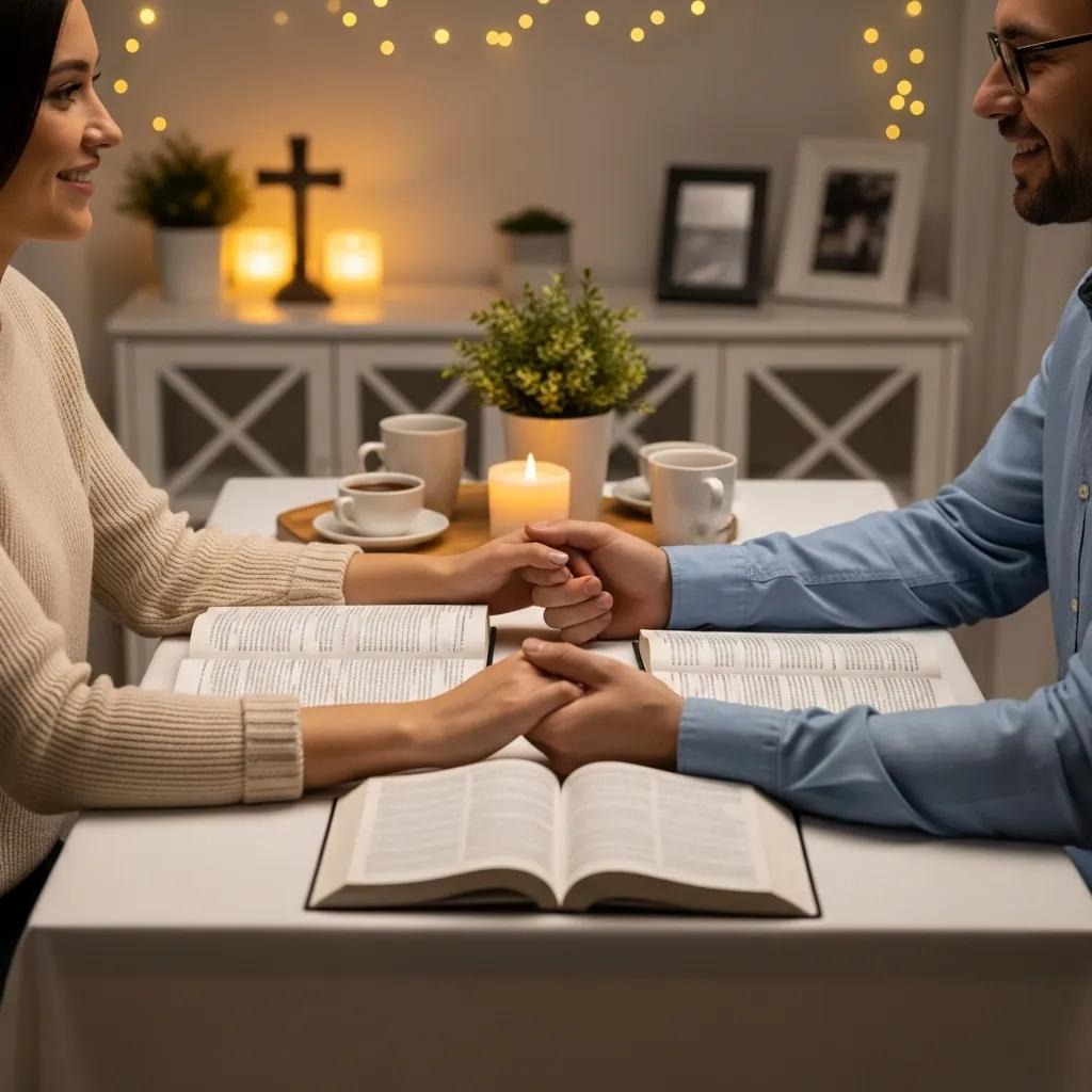 A couple sits at a table holding hands over open Bibles, surrounded by candles, coffee mugs, and a cross in a warmly lit, cozy room with fairy lights and framed photos in the background.
