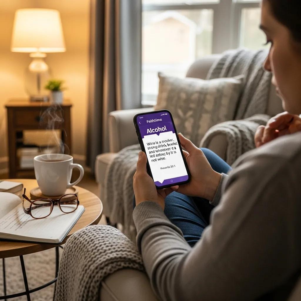 A person sits on a couch holding a smartphone, reading an article about alcohol. A notebook, glasses, and a steaming mug are on a small table nearby. The background shows a cozy living room with soft lighting.