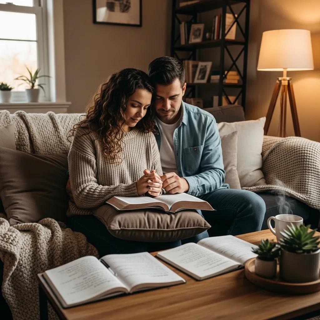 A couple sits closely together on a cozy sofa, holding hands and praying over an open book. More open books and a mug are on the table in front of them. The room is warmly lit and inviting.
