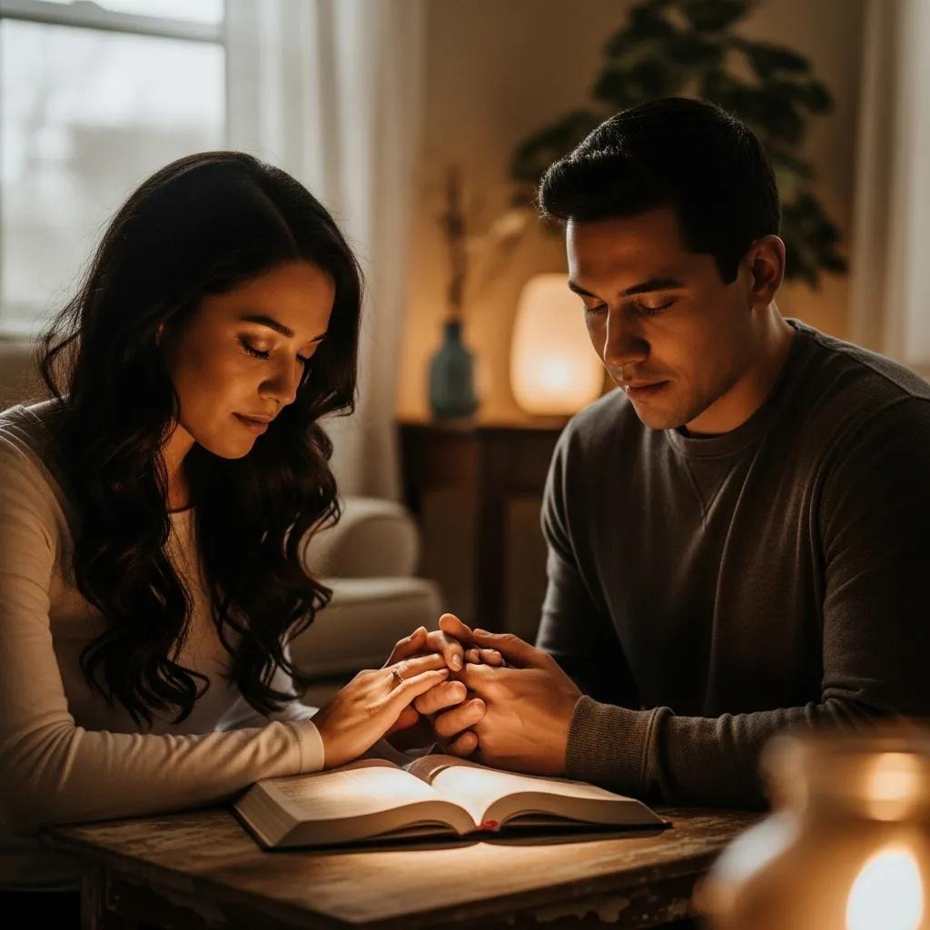 A couple sits closely at a wooden table, holding hands and praying over an open book. The room is softly lit with warm, ambient lighting, creating a peaceful and intimate atmosphere.