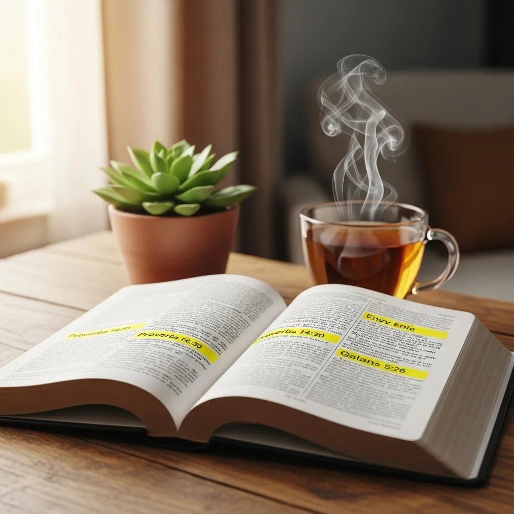 An open book with highlighted text lies on a wooden table next to a small potted succulent and a steaming cup of tea, with soft natural light coming through a nearby window.