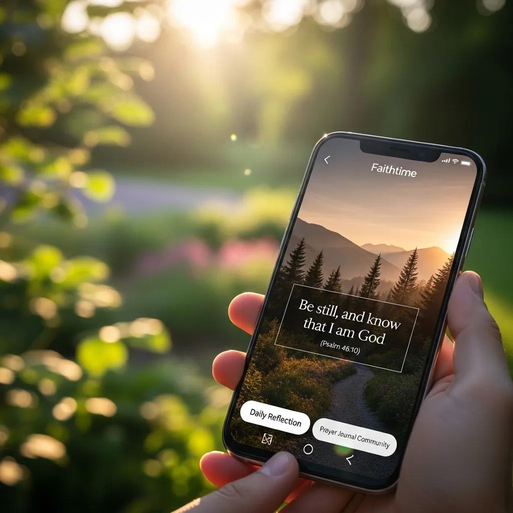 A person holds a smartphone outdoors at sunset, displaying an app with a mountain landscape and the text Be still, and know that I am God (Psalm 46:10). The app is titled Faithtime.