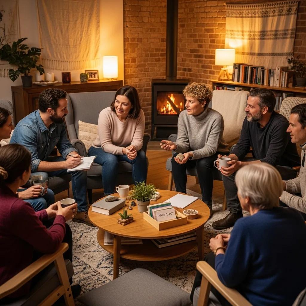A diverse group of people sit in a cozy living room, engaged in a friendly discussion around a coffee table. There’s a lit fireplace in the background, creating a warm atmosphere. Some hold mugs, and notebooks are on the table.