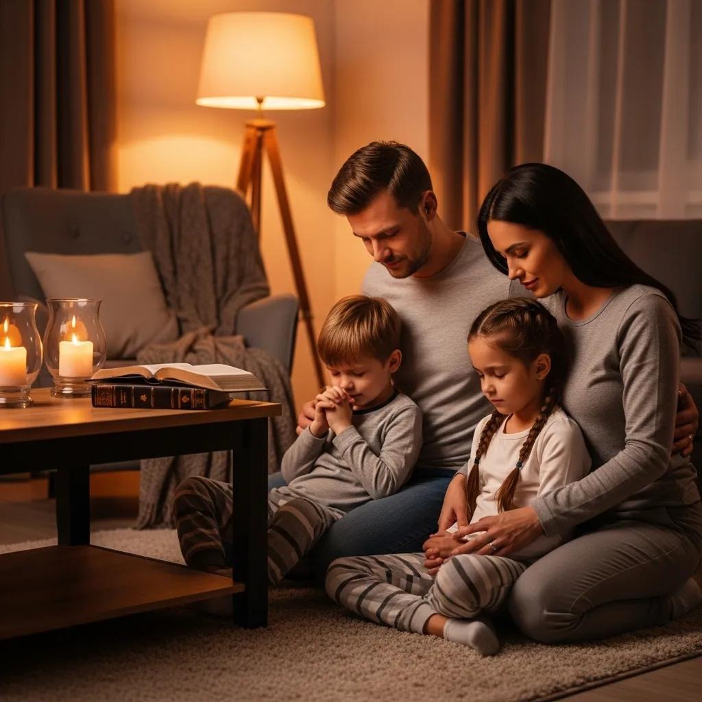 A family of four sits together on the floor in a cozy living room, eyes closed and hands clasped in prayer. Two candles and an open book are on a nearby coffee table, creating a warm, peaceful atmosphere.
