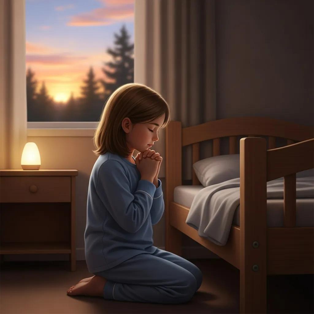 A young girl in blue pajamas kneels by her bed with hands clasped in prayer. A soft lamp glows on the bedside table, and a window shows a sunset with trees outside, creating a peaceful, warm atmosphere in the room.