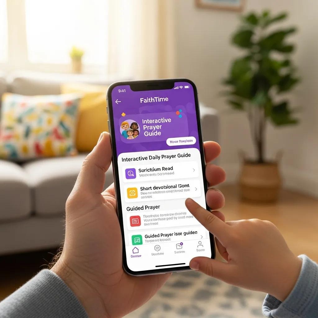 A person holds a smartphone displaying the FaithTime app with an interactive prayer guide. The screen shows options for scripture reading, devotionals, and prayer. A cozy living room is in the background.