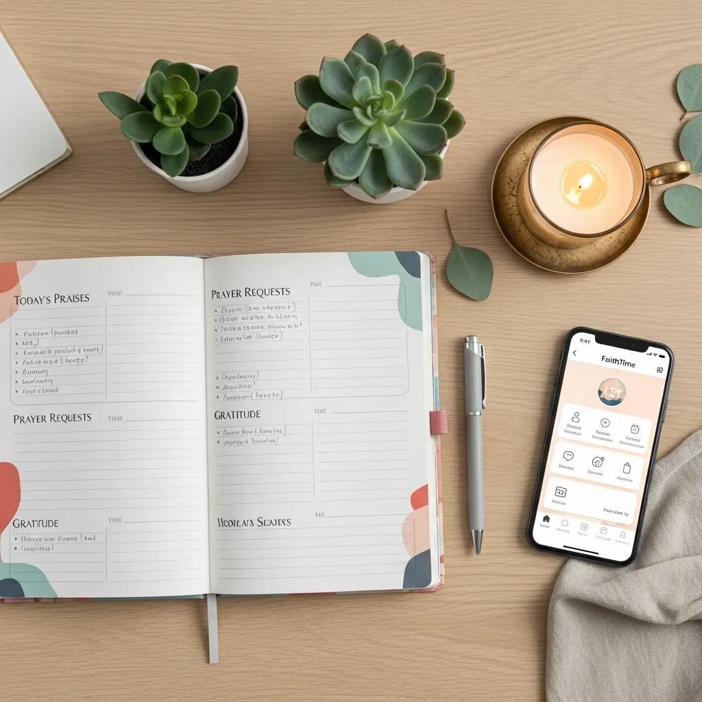 An open journal with sections for prayers and gratitude sits on a wooden desk next to succulents, a lit candle, a pen, a cloth, and a smartphone displaying an app.