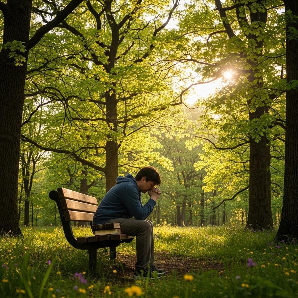 A person sits alone on a park bench with their head in their hands, surrounded by tall trees and sunlight streaming through green leaves, creating a peaceful but contemplative atmosphere.