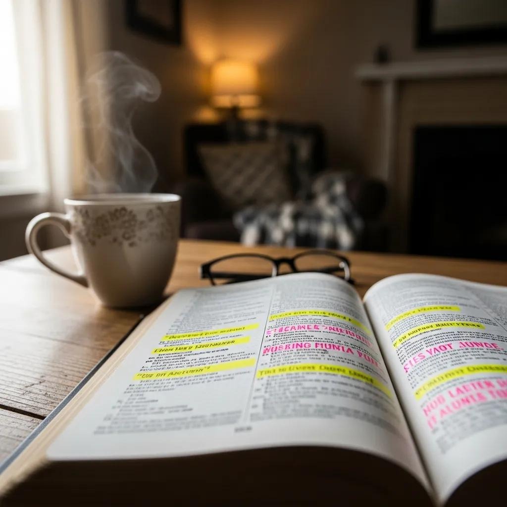 An open book with highlighted text sits on a table next to a steaming mug and a pair of eyeglasses. The background features a cozy, softly lit living room with a lamp and an armchair.