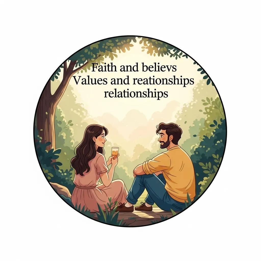 A woman and man sit facing each other outdoors, surrounded by greenery. Above them, text reads: Faith and believes, Values and reationships, relationships.