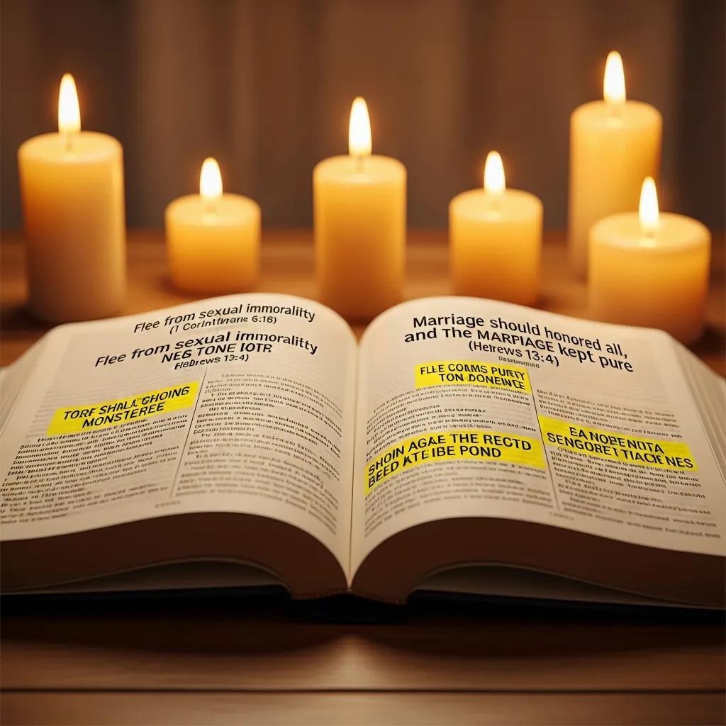 An open Bible with highlighted passages sits on a wooden surface, surrounded by five lit candles, creating a warm and peaceful atmosphere.
