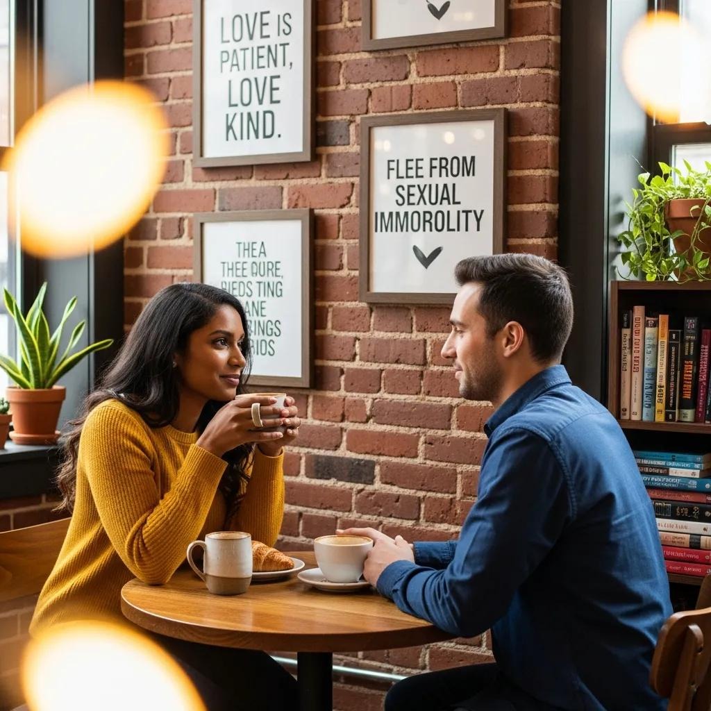 A woman and man sit across from each other in a cozy café, holding coffee mugs. Behind them, brick walls display framed inspirational quotes. A shelf with books and plants is visible beside them. Warm lighting creates a relaxed atmosphere.