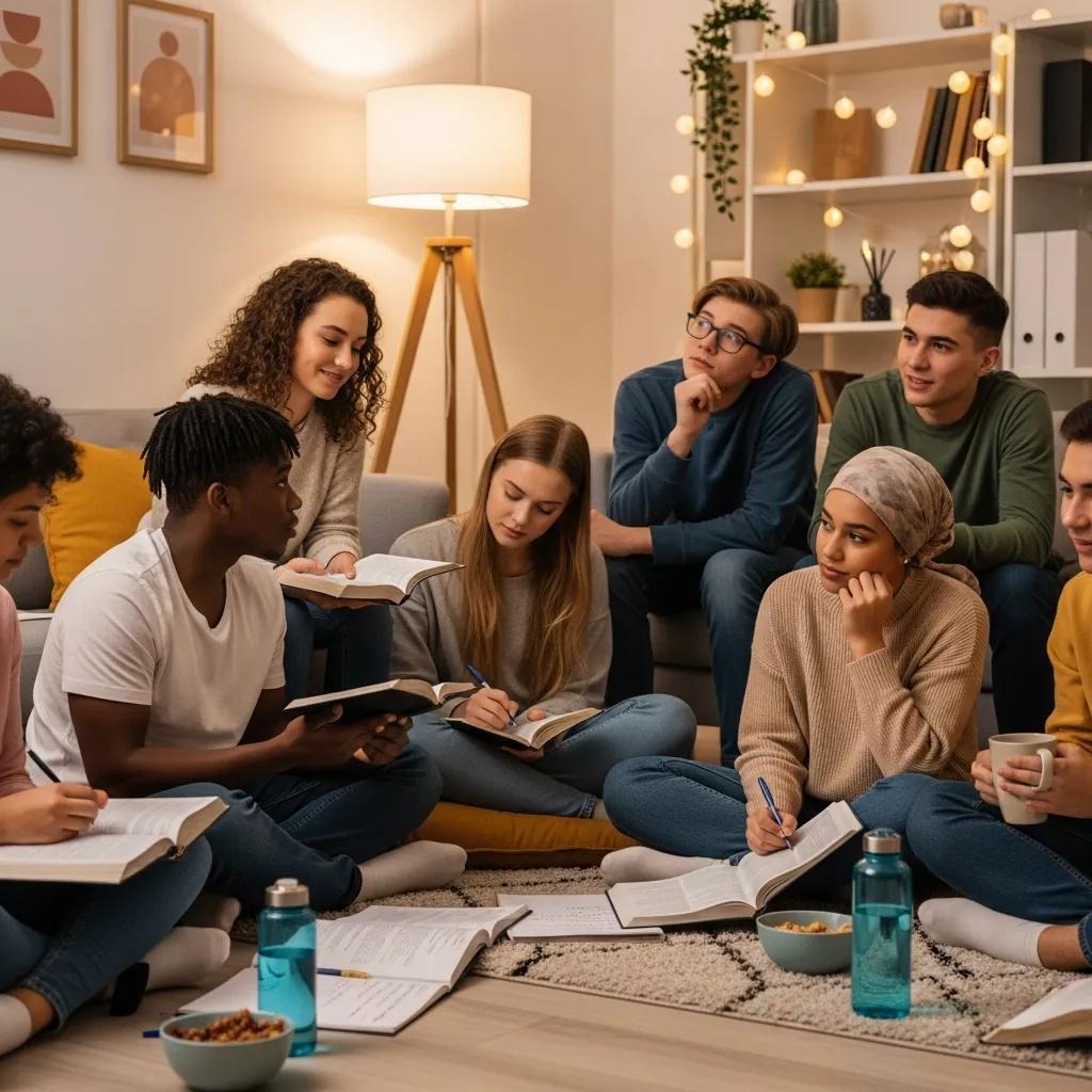 A diverse group of young adults sits on the floor in a cozy living room, discussing and reading books together. They appear engaged and friendly, with notebooks, water bottles, and snacks around them.