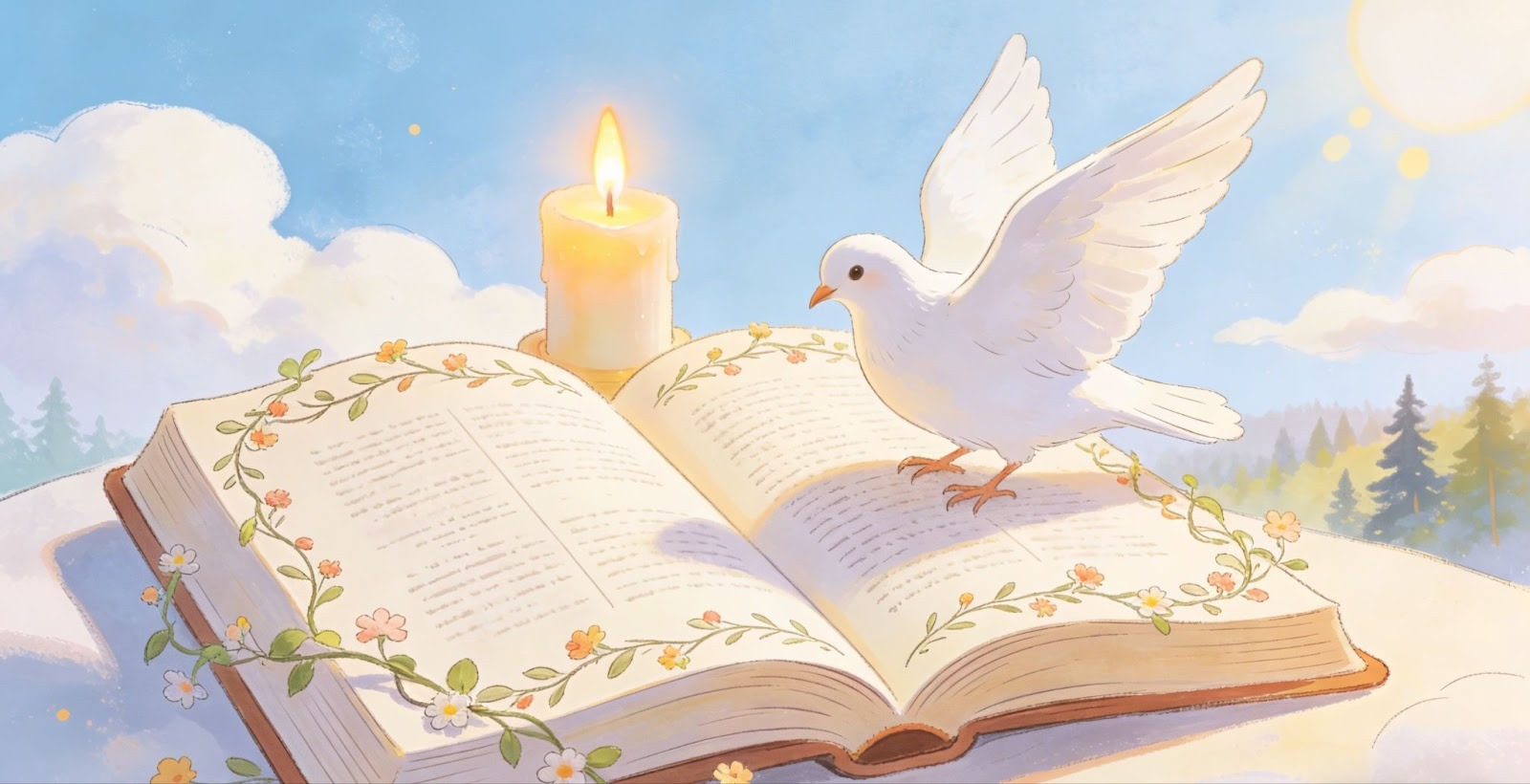 A white dove stands on an open book decorated with a floral garland. A lit candle burns nearby. The scene is bright and peaceful, with soft clouds, trees, and sunlight in the background.