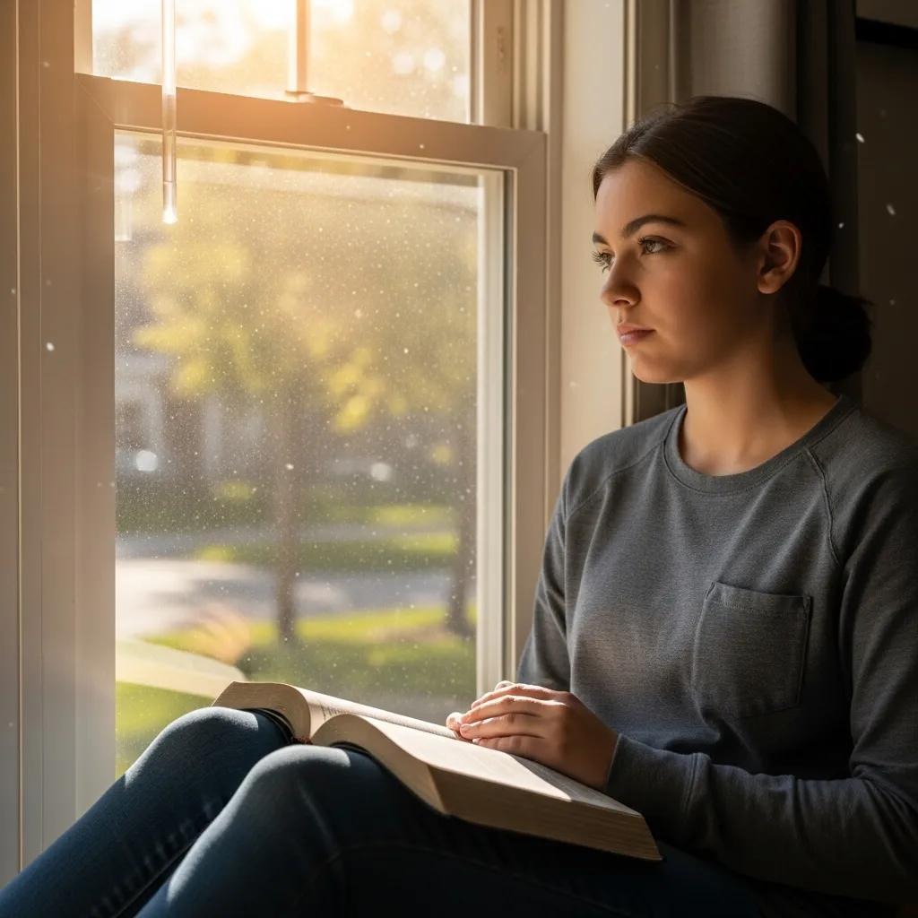 A young woman sits by a sunlit window, holding an open book on her lap, gazing thoughtfully outside. She wears a gray sweatshirt and jeans, with soft sunlight illuminating her face and the room.
