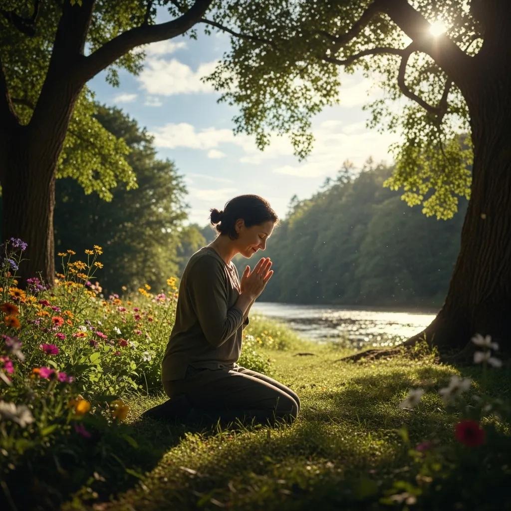 A person kneels and prays with hands together in a peaceful, sunlit meadow by a river, surrounded by blooming wildflowers and trees. Sunlight filters through the branches, creating a tranquil atmosphere.