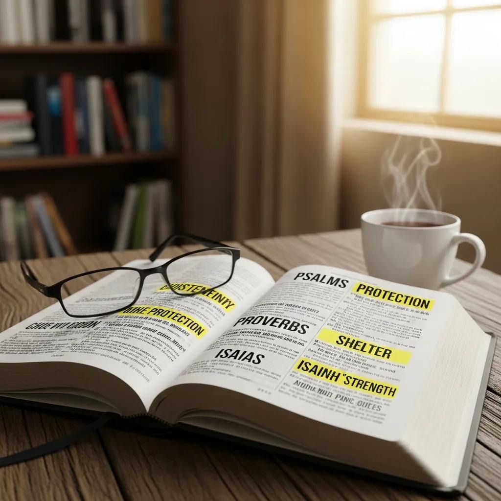 An open Bible on a wooden table with glasses resting on it. Key words like Protection and Shelter are highlighted. A steaming cup of coffee sits nearby, and sunlight streams through a window in the background.