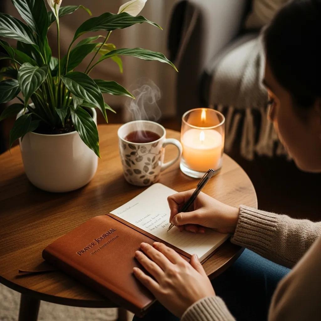 A person writes in a prayer journal at a wooden table with a potted plant, a steaming mug, and a lit candle. The scene is cozy, calm, and softly lit, suggesting a moment of reflection or relaxation.